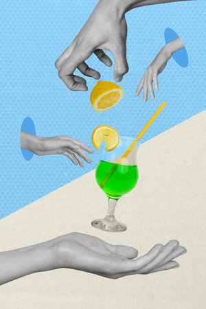 Vertical collage creative poster black white filter hand hold throw fruit lemon cocktail bar menu touch straw unusual blue white backgroundの写真素材