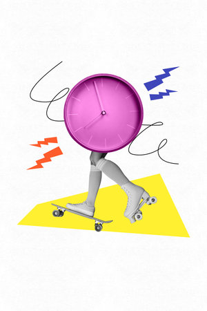 Vertical artwork collage image of headless female riding skateboard and roller blades no free time clock isolated on white backgroundの写真素材