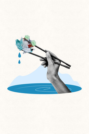 Vertical collage picture illustration black white effect arm remove garbage chinese chopsticks attention world global warmingの写真素材