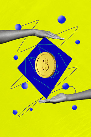 Vertical composite photo collage of two hands holding big golden coin dollar sign money payment...