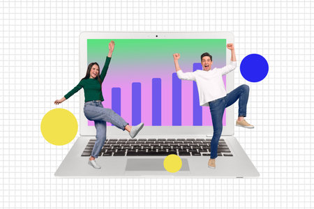 Poster picture art collage two jumping partners young man woman celebrating earnings profit good charts successful trade income increaseの写真素材