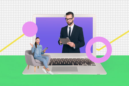 Creative collage image illustration serious businesslike beauty colleagues young man woman tv...