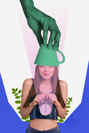 Vertical collage picture of green arm hold put coffee mug excited mini girl head bell ring clock...