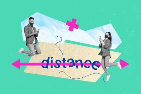 Collage 3d image pinup pop retro sketch of funny young people keep distance prevent virus spreading...