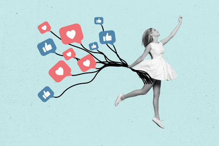 Photo collage artwork picture of excited smiling lady holding feedback notifications balloons...