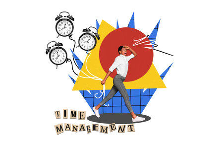 Creative illustration collage image young bossy person walk hurry deadline management workload pressure white backgroundの写真素材