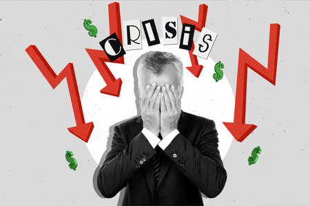 Creative illustration collage poster elder businessman shocked upset mental break crisis burnout loose moneyの写真素材