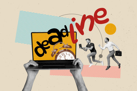 Creative collage deadline for office workers young guys running to do last task in project using laptop isolated on beige backgroundの写真素材