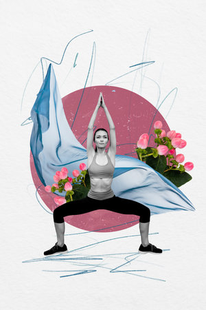 Creative trend collage of graceful beautiful female yoga stretching flowers bloom enjoy nature fantasy billboard comics zine minimalの写真素材