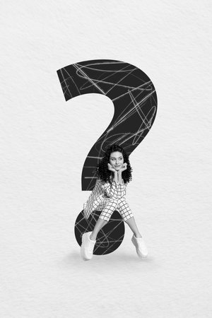 Creative drawing collage picture of young female sit question mark education faq concept black white...