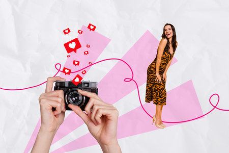 Collage pop retro sketch image of arms tacking photos sexy carefree girlfriend isolated painting backgroundの写真素材