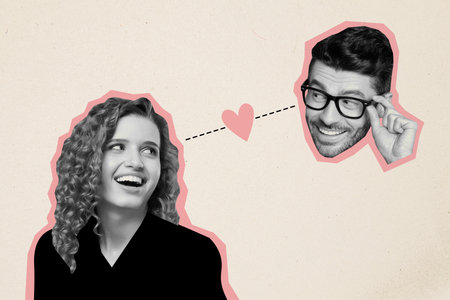 Collage image of two black white effect cheerful people look each other heart symbol connection isolated on beige backgroundの写真素材