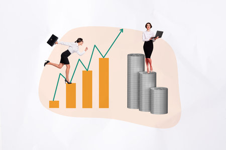 Creative photo collage two business lady money earning progress charts forex trader laptop route success achievement white backgroundの写真素材