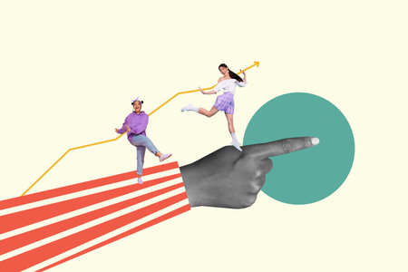 Creative abstract template collage of hand point funny girls entrepreneur startup data information freak bizarre unusual fantasy billboardの写真素材