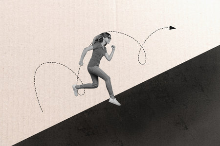 Creative collage image photo running young girl towards goal reach success target achieve accomplishment drawing backgroundの写真素材