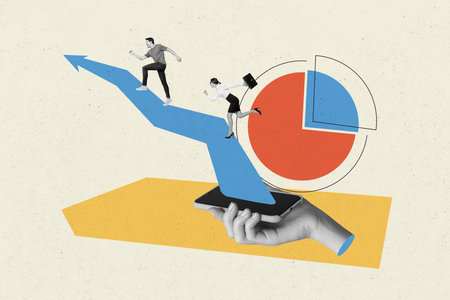 Creative collage image picture two running businesspeople towards goal success arrow smartphone screen infographic progressの写真素材