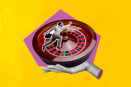 Collage picture of happy purposeful man running forward success isolated on drawing backgroundの写真素材