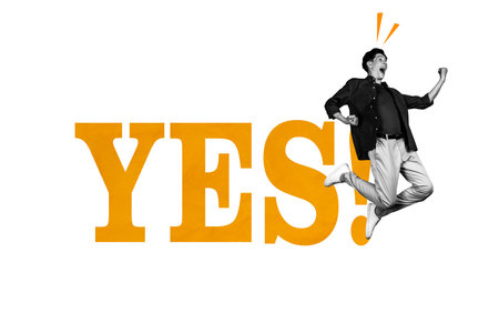 Horizontal photo collage of crazy emotional guy jump high feel happy because of success yes...