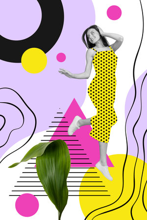 Vertical creative collage image black white effect smile lovely beautiful young woman stand pose model template purple yellow backgroundの写真素材
