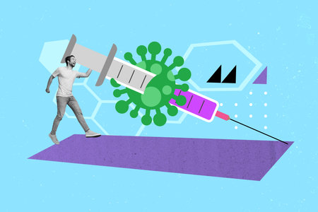 Photo banner collage of funny doctor young man holding huge syringe killing bacteria trying new vaccination isolated on blue backgroundの写真素材