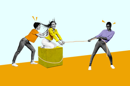Photo image collage young girl pulling rope box sitting colleague challenge competition heavy strong...
