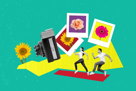 Drawing painting template ads collage of excited lady guy run fast for special offer photographing on 8 march celebrationの写真素材