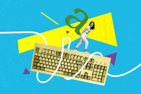 Colorful template poster collage of small girl carry a letter working writing web blog articleの写真素材