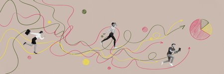 Creative collage picture panorama excited happy joyful young ladies gentleman fast run jump work...