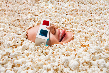 Profile top portrait of excited cheerful person watch movie 3d glasses teeth bite tongue laugh face buried pop corn backgroundの写真素材