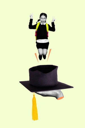 Vertical collage creative poster black white filter little amazed enjoy joyful girl jump show two fingers big human arm hold hat sketchの写真素材