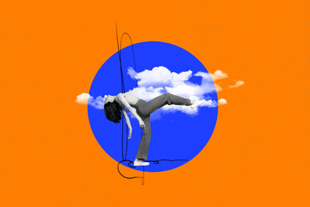 Horizontal surreal photo collage of young crazy carefree girl dancing in sky clouds in dreams...