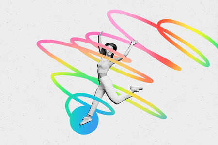 Creative photo illustration banner picture jumping dancing young girl happy cheerful freedom love...