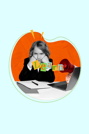 Vertical creative poster black white filter bored unhappy pupil boy template write homework school learn draw sketch icon orangeの写真素材