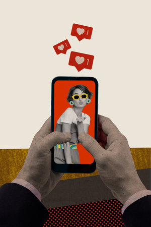 Vertical collage creative poster hand hold smartphone screen post charm lovely lady blogger follower positive reaction likeの写真素材