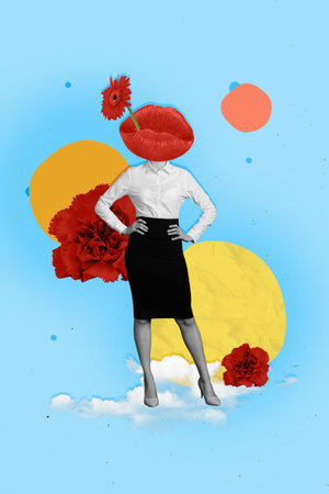 Vertical collage image of black white effect elegant mini girl pouted red lips instead head carnation flower clouds isolated on blue backgroundの写真素材