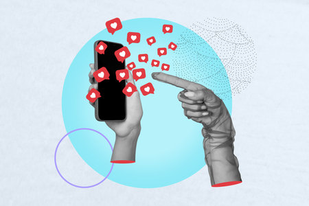 Creative collage picture illustration black white effect two hands hold touch mobile like reaction...