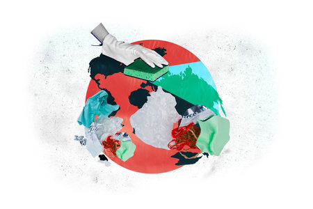 Creative photo collage earth planet pollution disaster international cleaning volunteer day arm glove cleaning dirt pollution dangerの写真素材