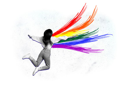 Collage creative poster monochrome effect young woman fly high freedom lgbtq pride month day colorful wings white backgroundの写真素材