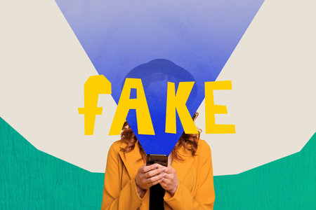 Creative collage picture illustration propaganda manipulation hyman read fake news zombies young woman colorful backgroundの写真素材