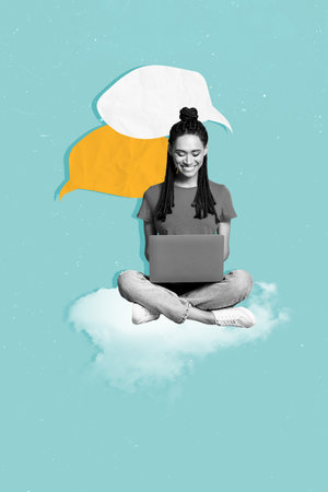 Poster banner template magazine collage of lady blogger using netbook for chatting friends online