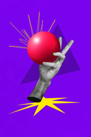 Vertical composite photo collage of black white gamma hand holding little red ball pet toy game sport hobby on creative backgroundの写真素材
