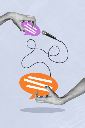 Vertical contemporary photo collage of hands holding message text bubble microphone voice recording...