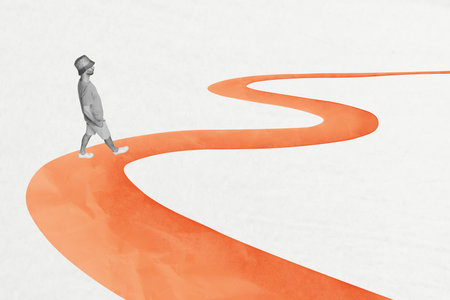 Horizontal composite photo collage image of black white effect mini guy walk follow drawing road way isolated on white backgroundの写真素材