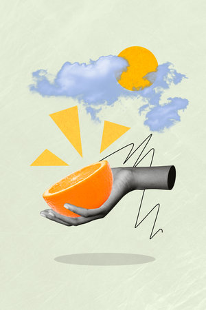 Vertical creative photo collage of black white effect arm hold half of orange citrus fresh fruit under sun on beige backgroundの写真素材