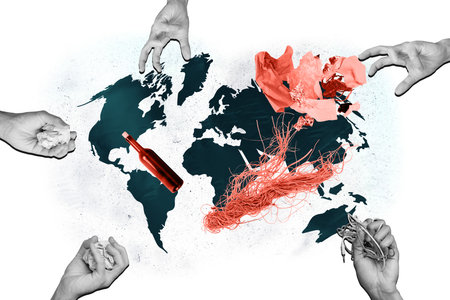 Creative banner collage picture global international earth pollution trash problem disaster planet catastrophe white backgroundの写真素材