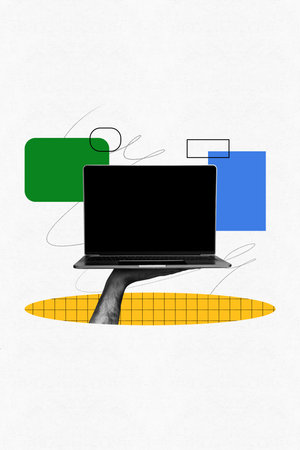 Vertical collage picture illustration black white filter hand hold computer distance chat communication empty backgroundの写真素材