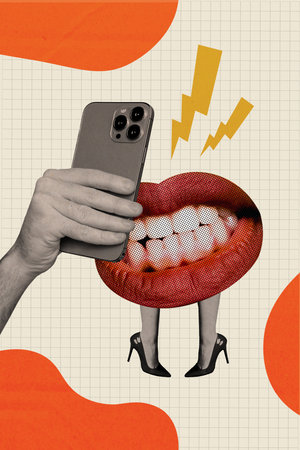 Vertical collage picture caricature unusual character angry negative dislike element mouth foot arm hold mobile lightning abstract posterの写真素材