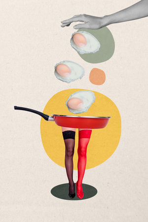 Vertical collage of black white effect arm throw chicken eggs frying pan stand mini girl stockings high heels isolated on paper beige backgroundの写真素材