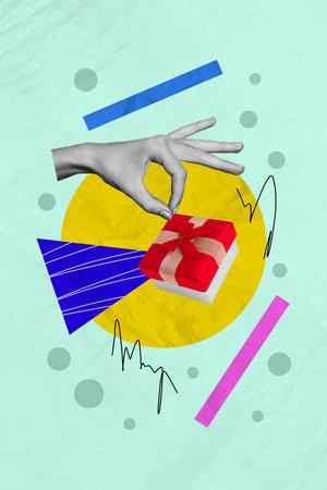 Vertical collage creative poster monochrome effect hand surprise gift present box birthday party colorful figure turquoise backgroundの写真素材