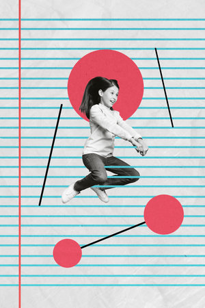 Collage 3d image of pinup pop retro sketch of little girl climb copybook page lines play weird freak...
